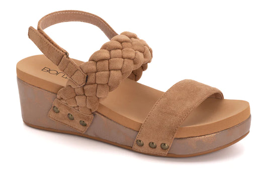 Double Strap Ankle Closure Wedge Sandal-Camel