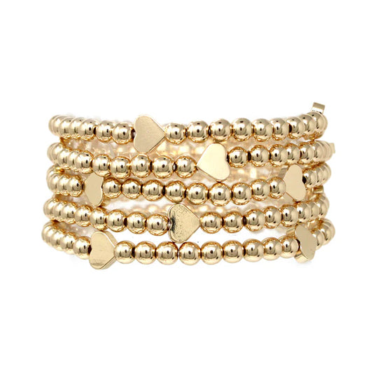 Gold Ball Bead & Hearts Bracelet Set