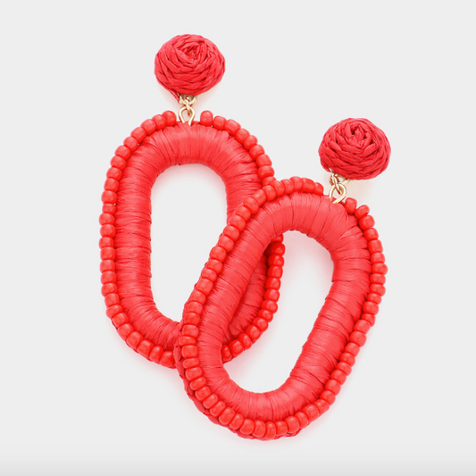 Seed Bead Trimmed Raffia Wrapped Oval Earring