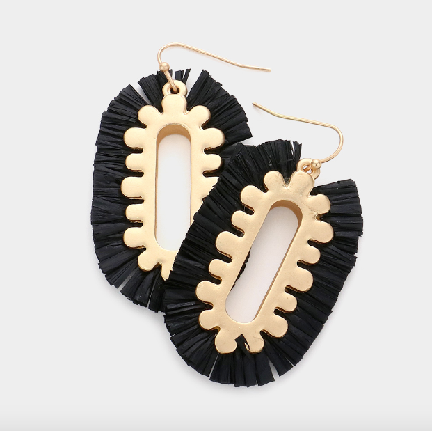 Raffia Trimmed Gold Inlay Oval Earring