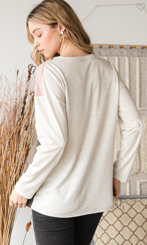 Color Block Raw Seam Long Sleeve Top - Oatmeal