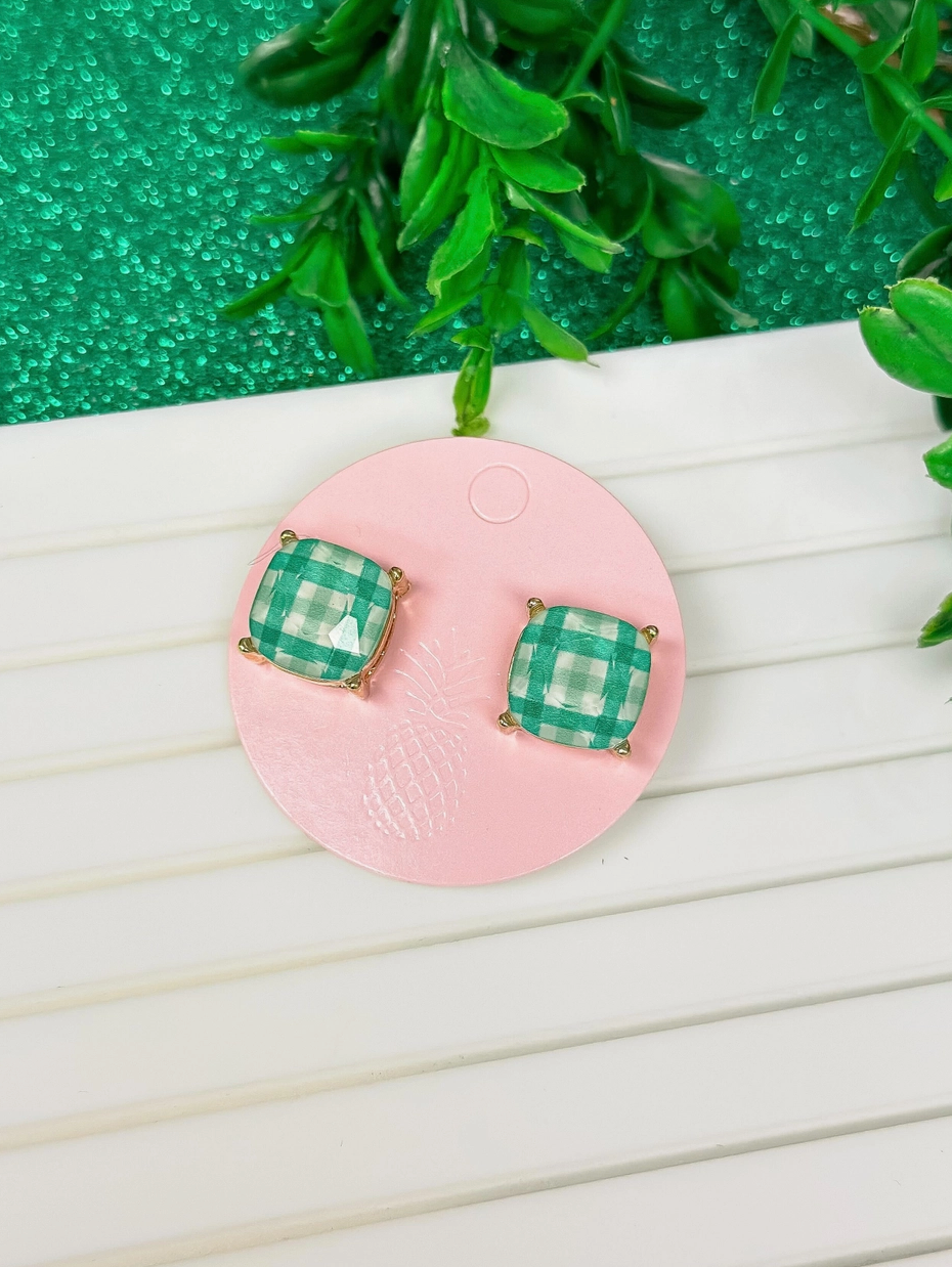 Preppy Green Printed Glass Stud Earrings