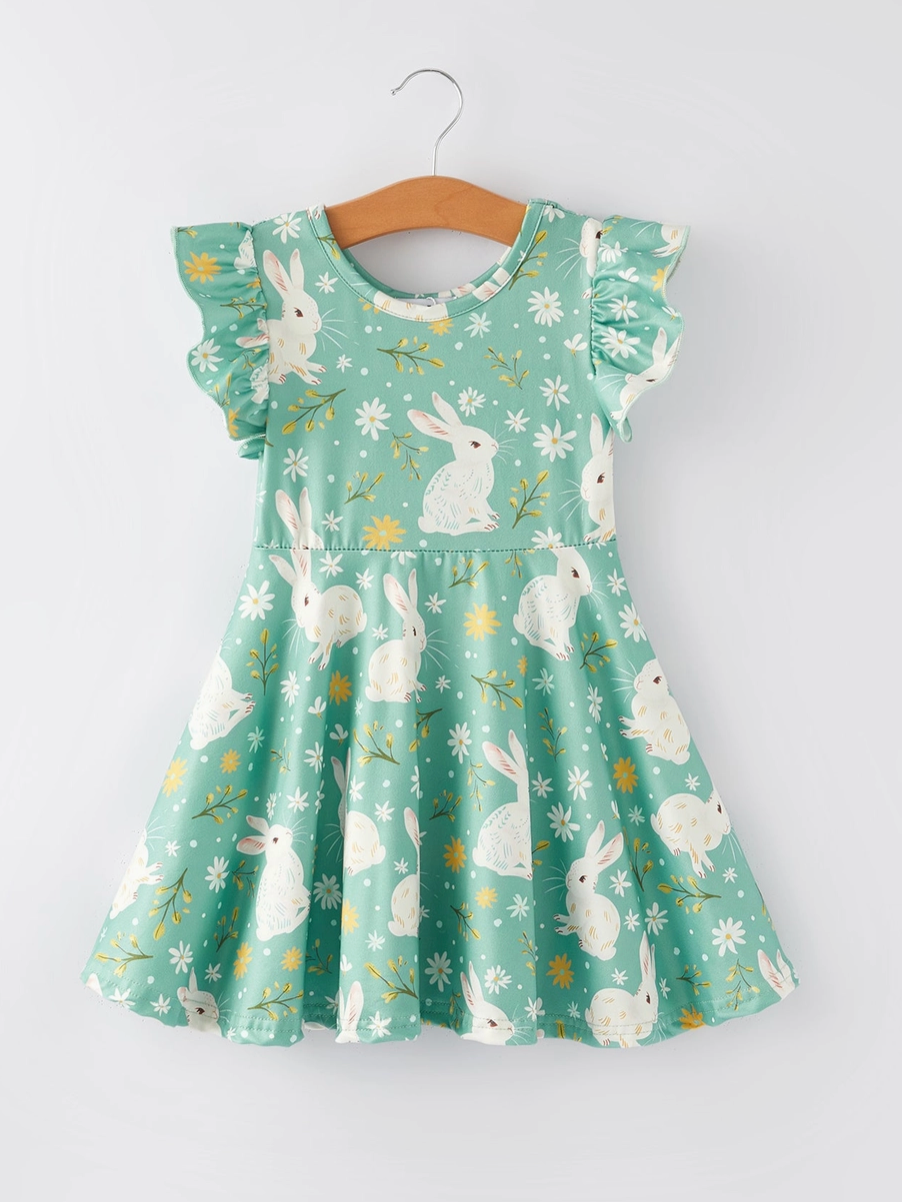 Easter Bunny Green Flying Sleeves Girls Dress