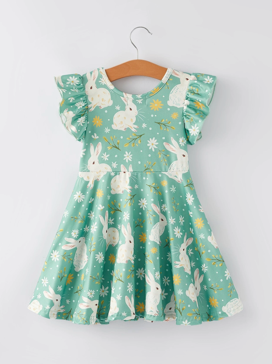 Easter Bunny Green Flying Sleeves Girls Dress