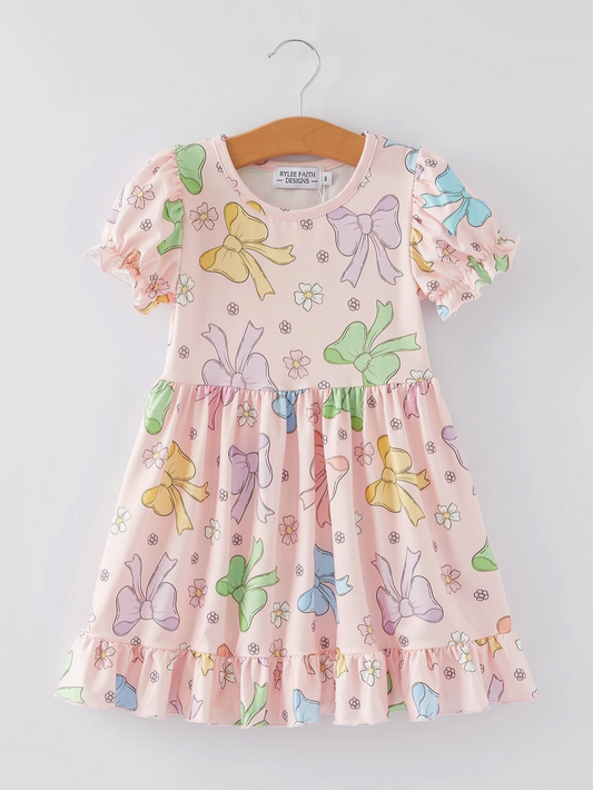 Colorful Bow Print Ruffles Girls Dress