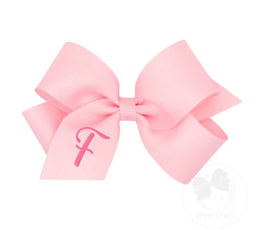 Medium Monogrammed Grosgrain Girls Hair Bow - Light Pink with Hot Pink Initial