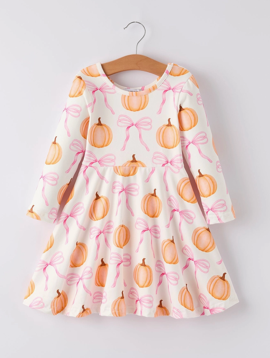 Pumpkin Bow Print Long Sleeve Dress