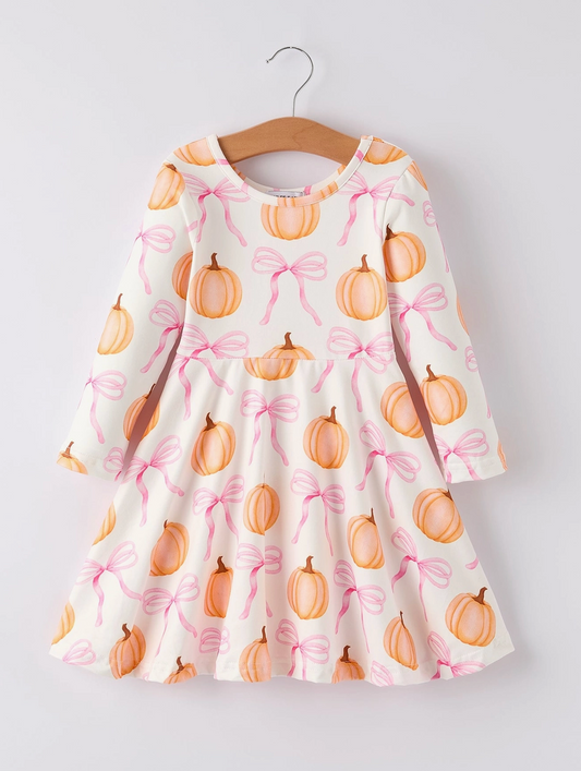 Pumpkin Bow Print Long Sleeve Dress
