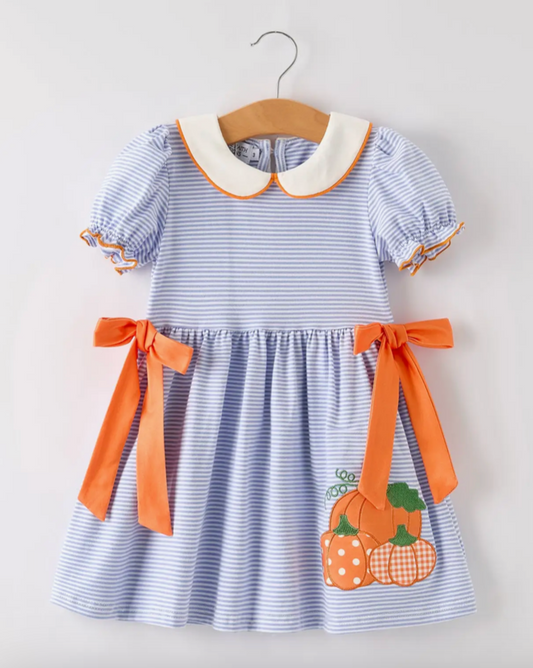 Fall Lapel Stripe Pumpkin Applique Bow Dress with Monogram