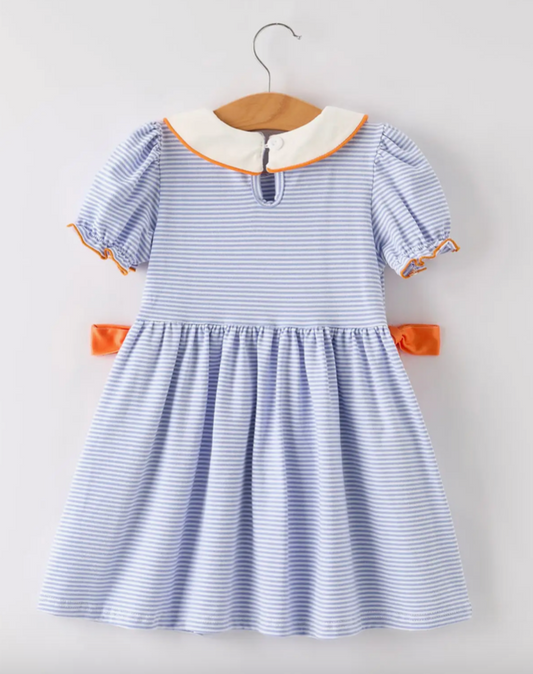 Fall Lapel Stripe Pumpkin Applique Bow Dress with Monogram