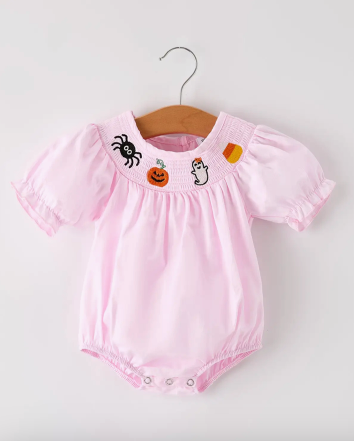 Halloween Pink Smock Embroidery Romper