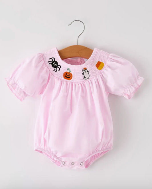 Halloween Pink Smock Embroidery Romper