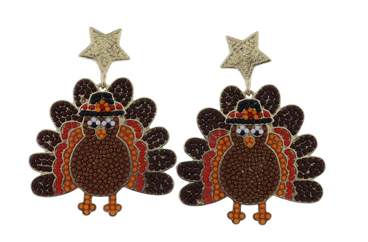Beaded Turkey in Pilgrim Hat Earring with Gold Star Post