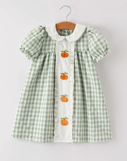 Fall Pumpkin Applique Plaid Green Girls Dress