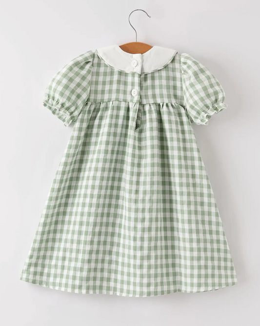 Fall Pumpkin Applique Plaid Green Girls Dress