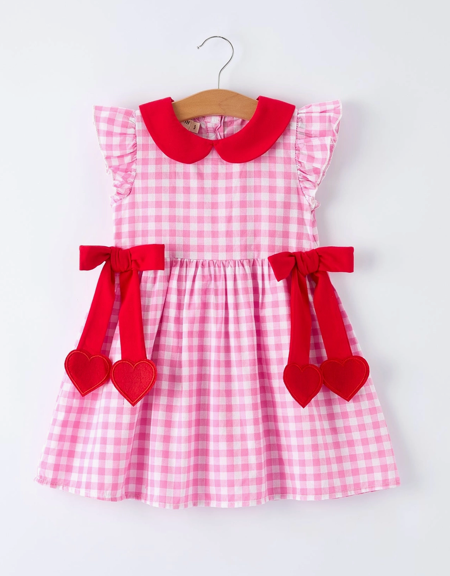 Valentine Pink Plaid Girls Dress with Red Hearts & Bows