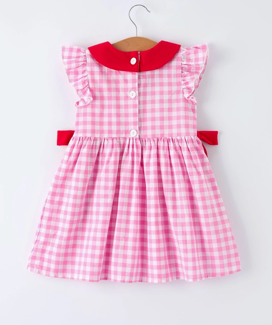 Valentine Pink Plaid Girls Dress with Red Hearts & Bows