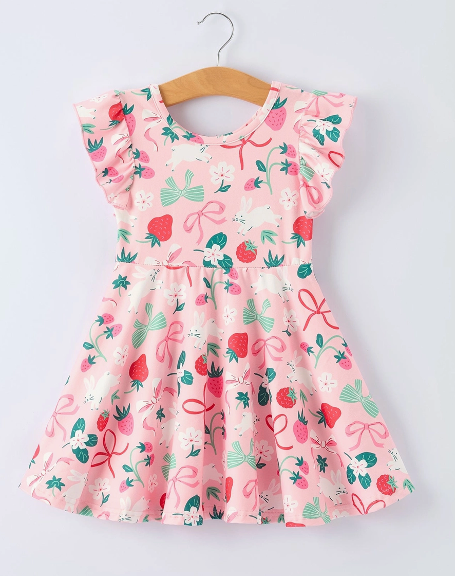 Easter Strawberry Bunny Bow Print Dress