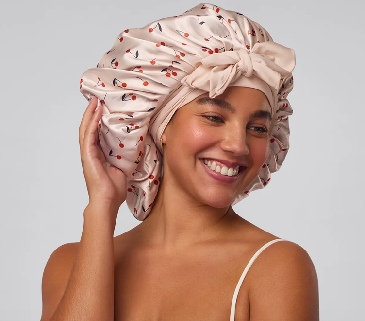 Adjustable Oversized Satin Bonnet - Cherry Print