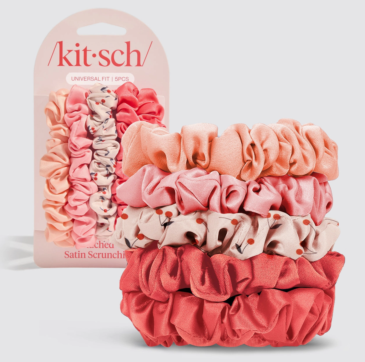 Ruched Satin Scrunchies 5pc Set - Assorted Cherry Blossom