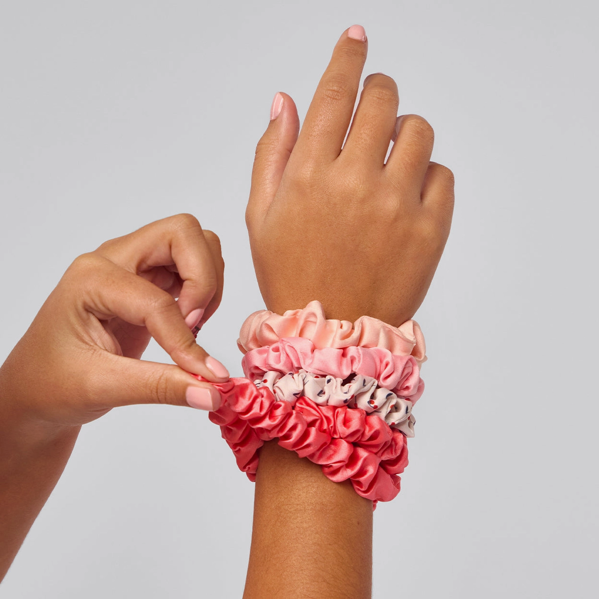 Ruched Satin Scrunchies 5pc Set - Assorted Cherry Blossom