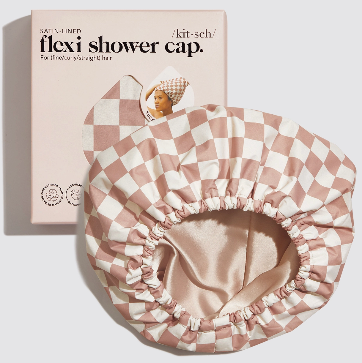 Satin Lined Flexi Shower Cap - Terracotta Checker