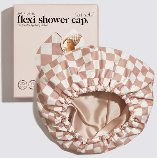 Satin Lined Flexi Shower Cap - Terracotta Checker