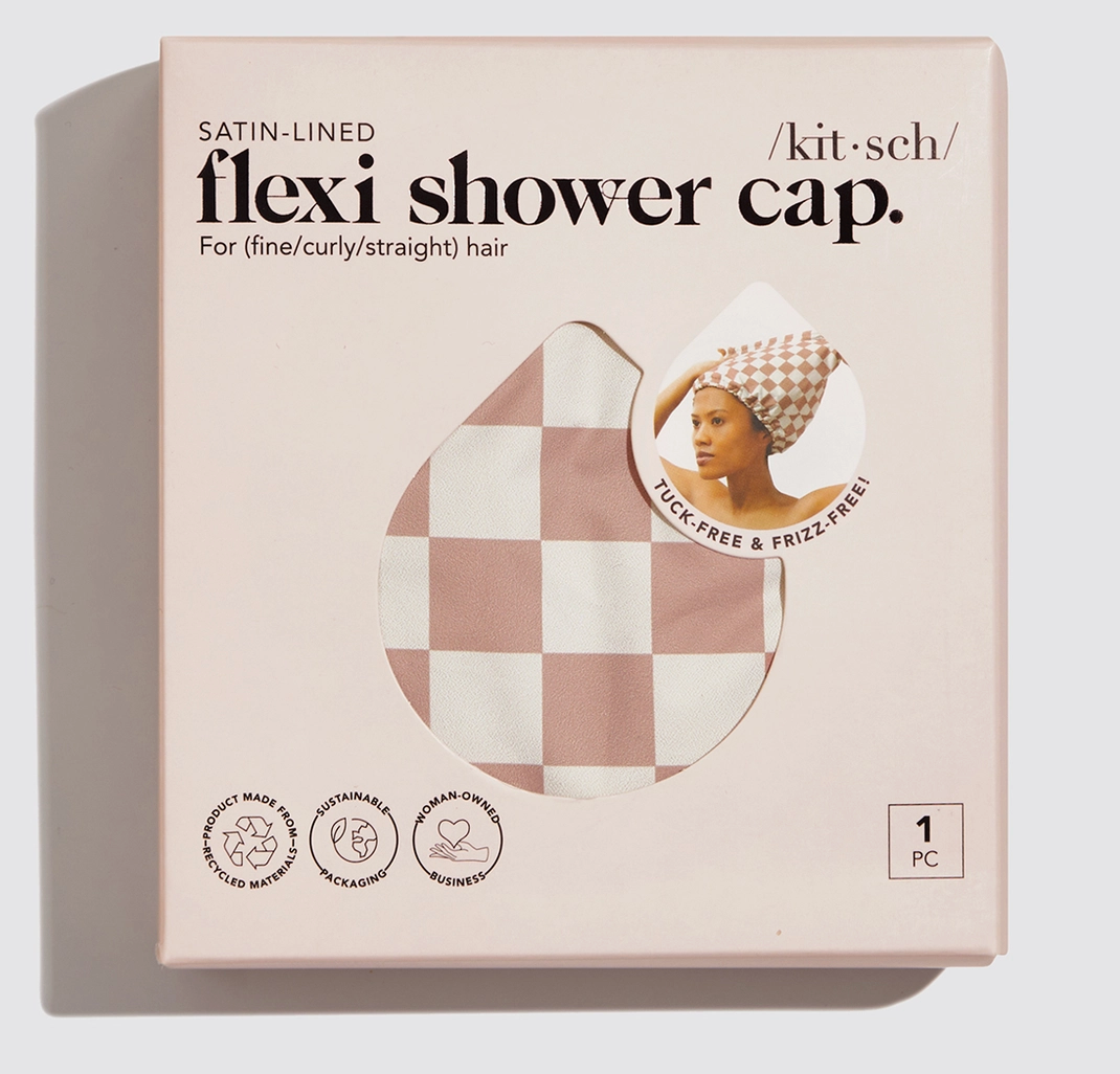 Satin Lined Flexi Shower Cap - Terracotta Checker