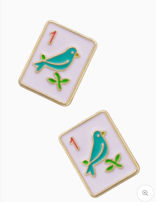 Sparrow Mahjong Tile Stud Earrings in White