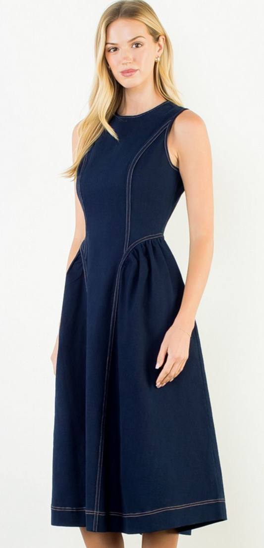 Sleeveless Denim Pleated Zip Back Midi Dress-Dark