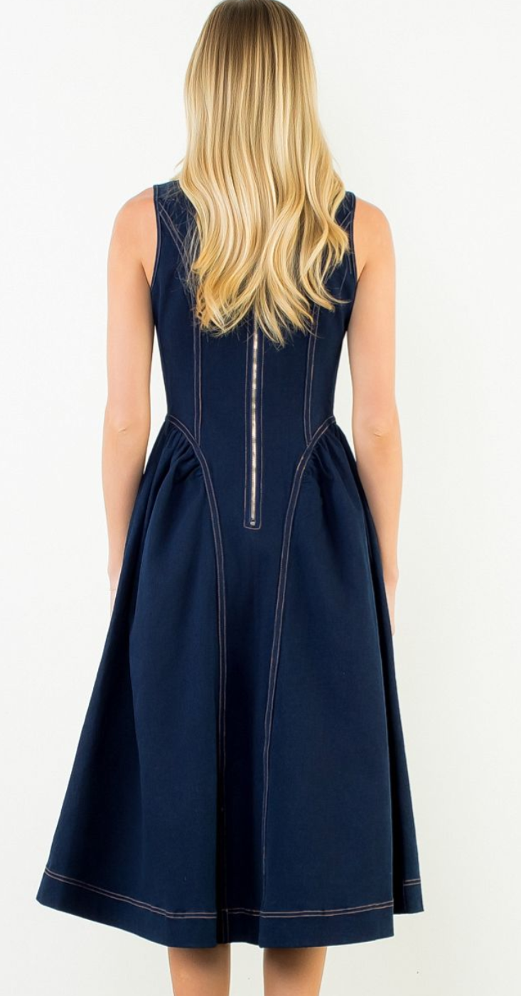 Sleeveless Denim Pleated Zip Back Midi Dress-Dark
