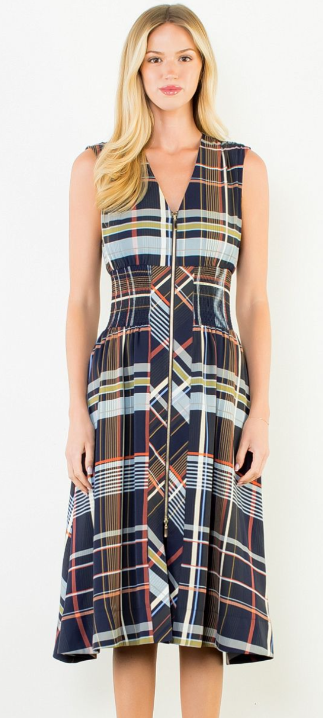 Sleeveless Plaid Zip Front Midi Dress-Navy