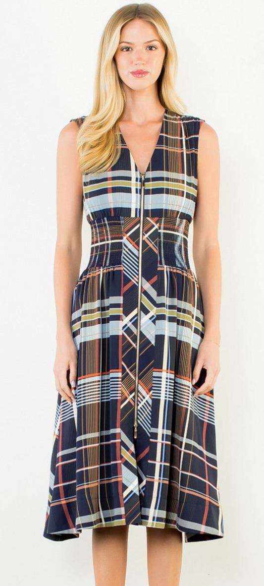 Sleeveless Plaid Zip Front Midi Dress-Navy