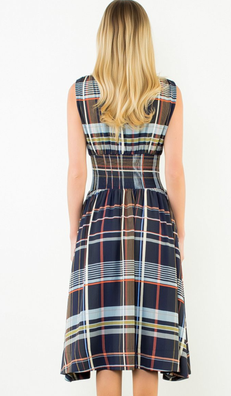 Sleeveless Plaid Zip Front Midi Dress-Navy