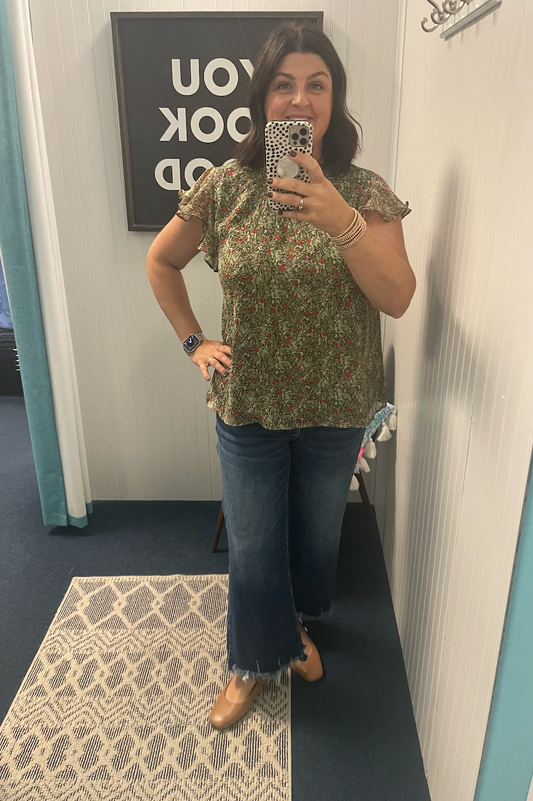 Floral Frill Neck Ruffle Short Sleeve Top - Olive