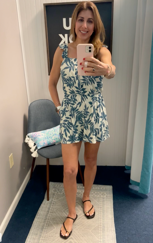 Tropical Print Square Neck Ruffle Strap Romper-Blue
