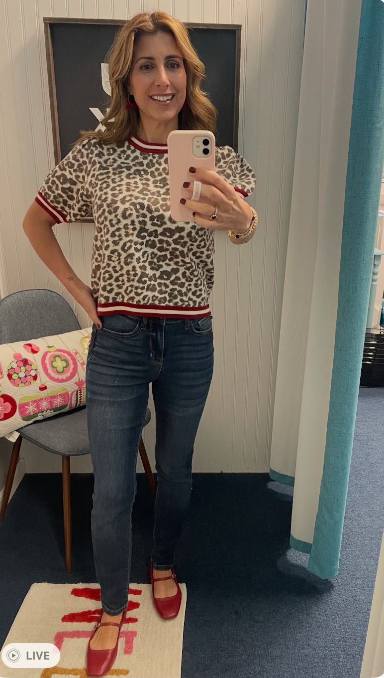 Leopard Puff Sleeve Sweater w/Striped Trim