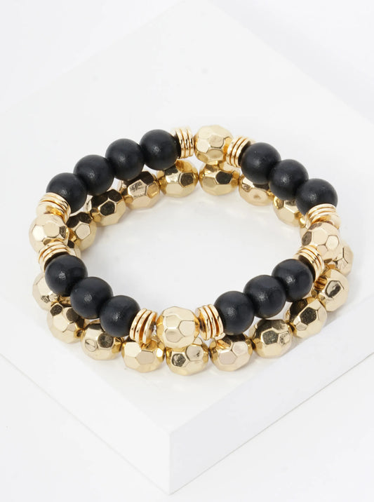 Wood & Metallic Beaded Bracelet Set-Black