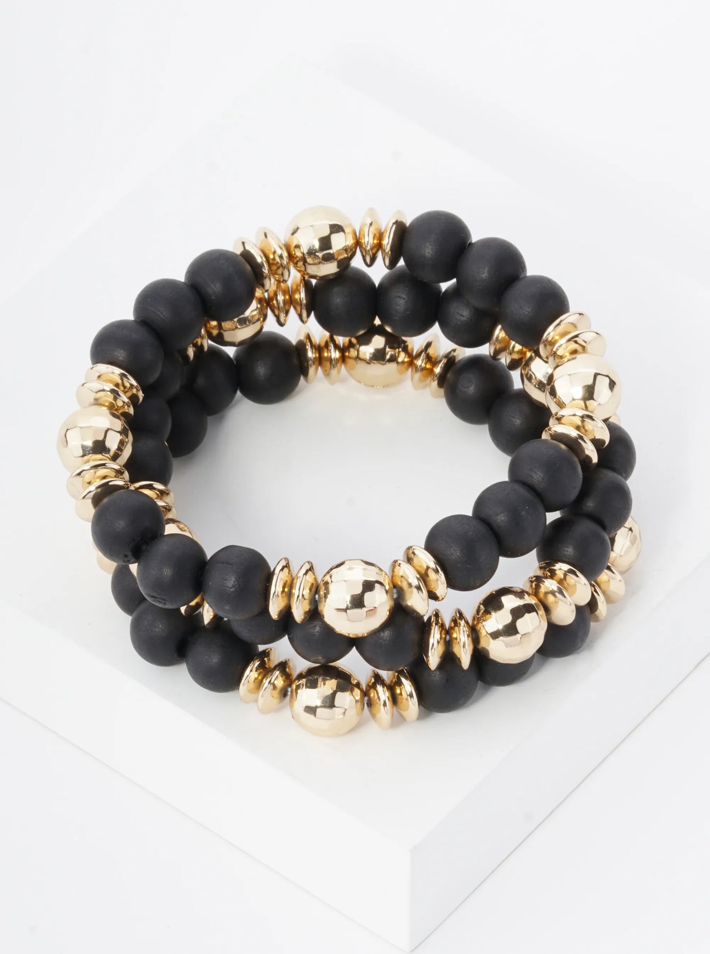 Wood & Gold Ball Beaded Bracelet Set