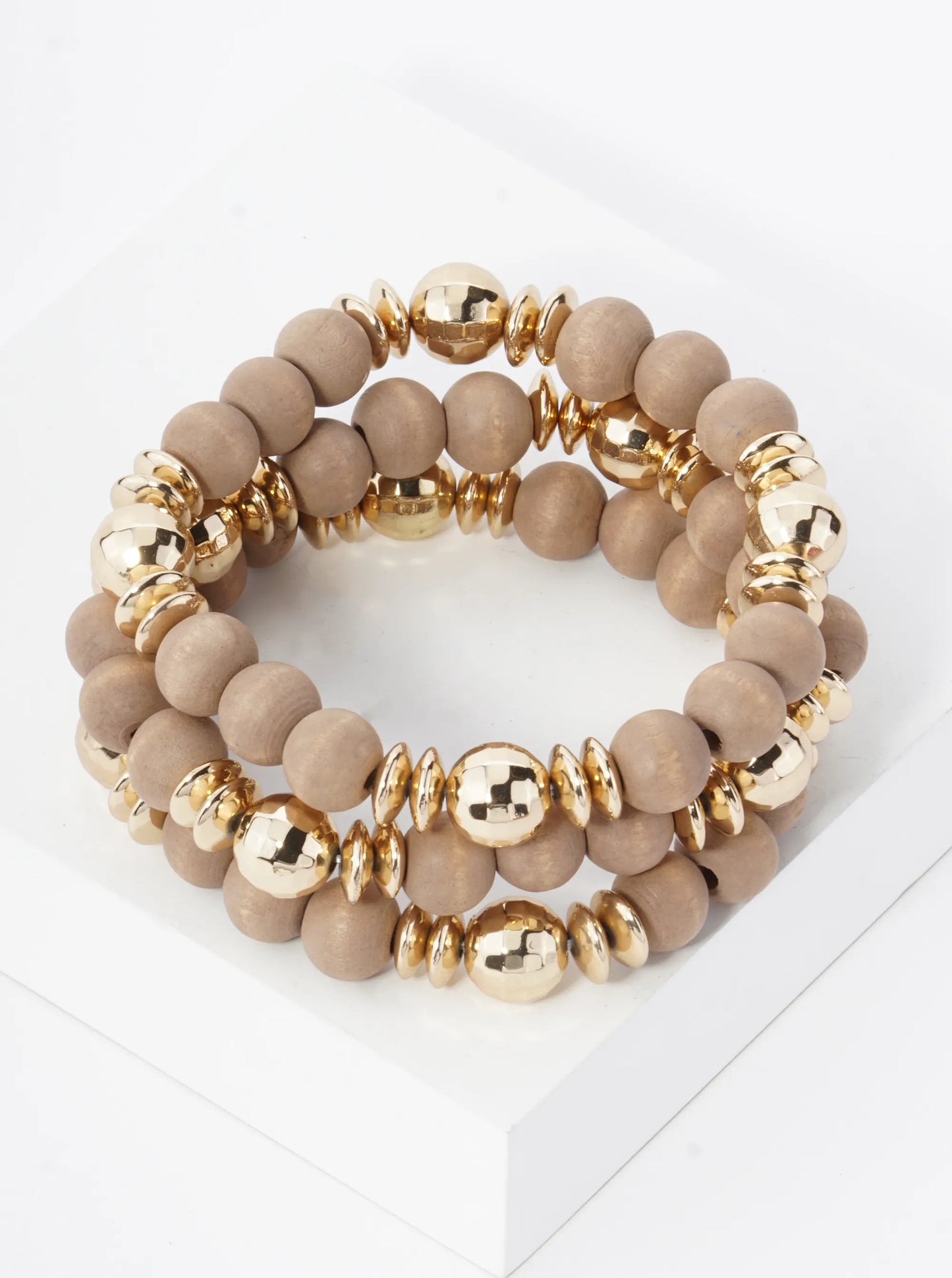 Wood & Gold Ball Beaded Bracelet Set