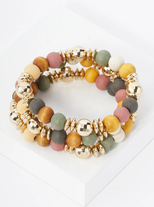 Wood & Gold Ball Beaded Bracelet Set