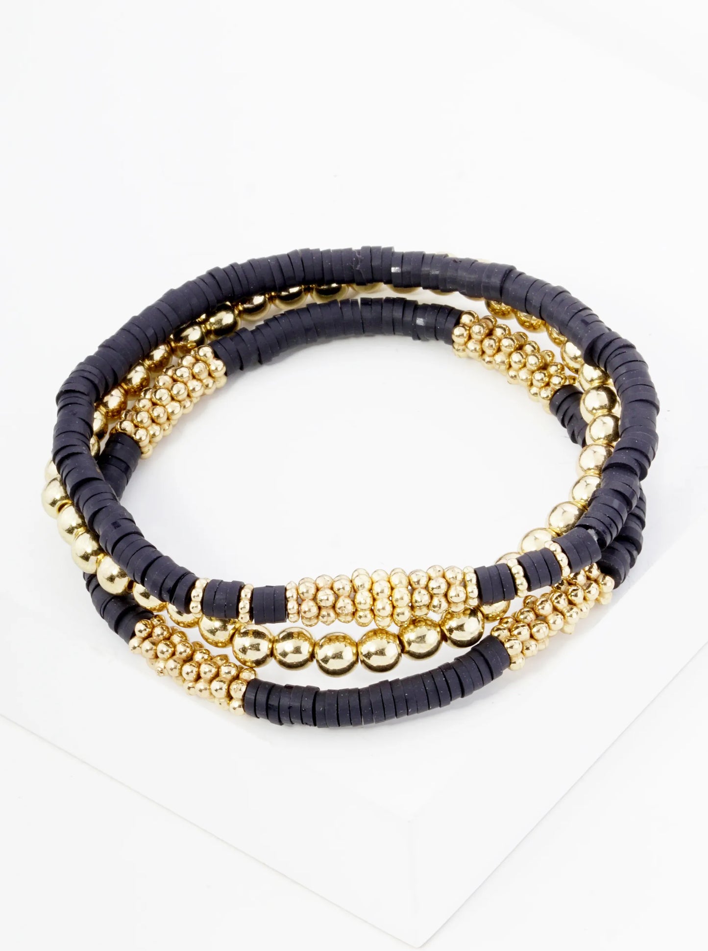 Heishi & Gold Ball Bracelet Set-Black