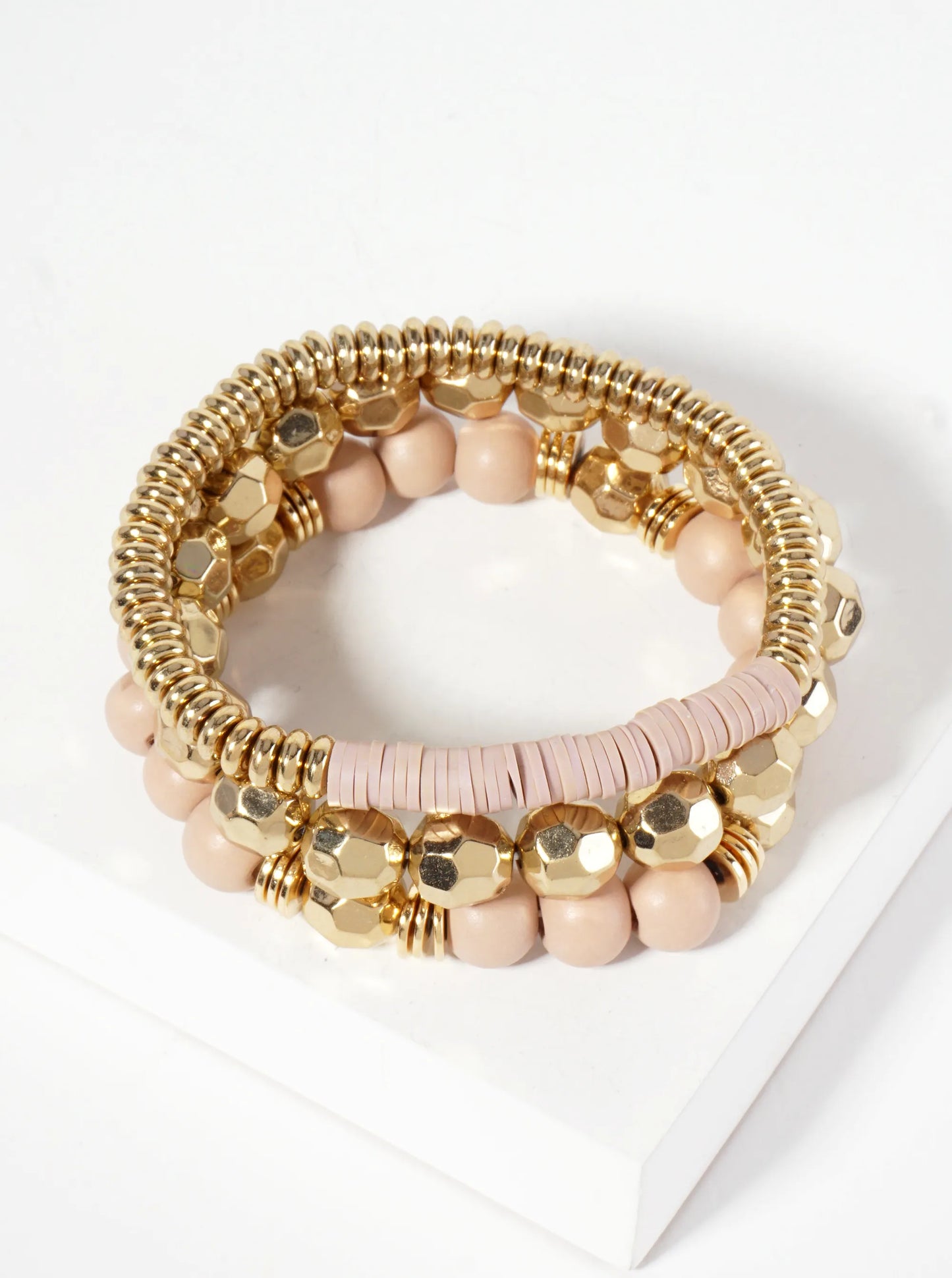 Wood, Disk & Gold Beaded Bracelet Set