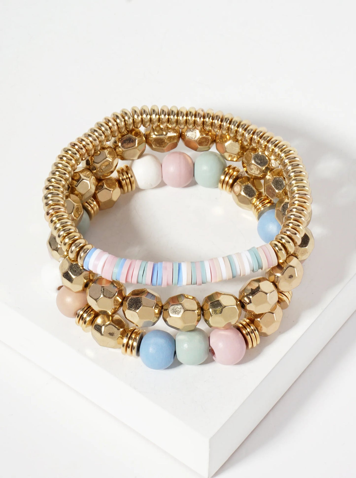 Wood, Disk & Gold Beaded Bracelet Set