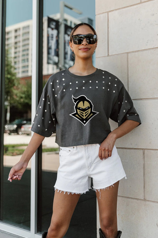 UCF Rhinestone Studded Cropped T-Shirt-Grey