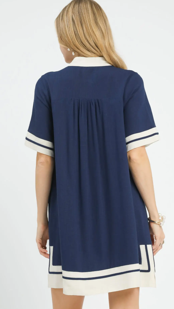 V-Neck Contrast Trim Puff Sleeve Dress-Navy