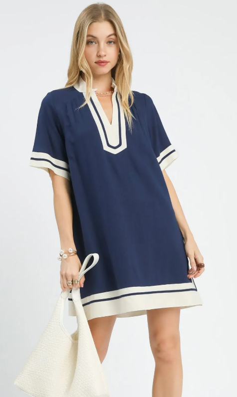 V-Neck Contrast Trim Puff Sleeve Dress-Navy