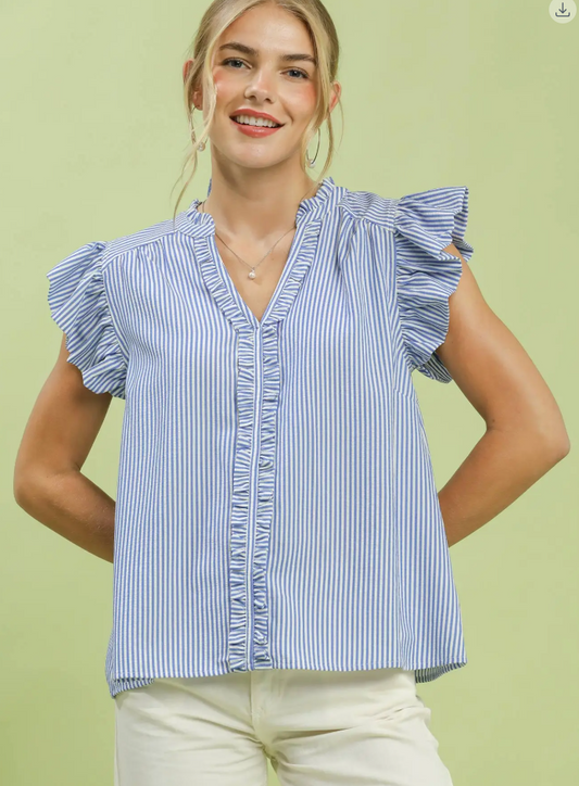 Pinstriped Ruffle Placket V-Neck Top-Blue