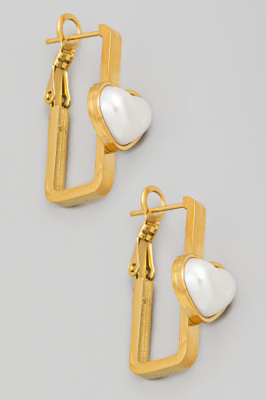 Pearl Heart Rectangle Hoop Earring - Gold