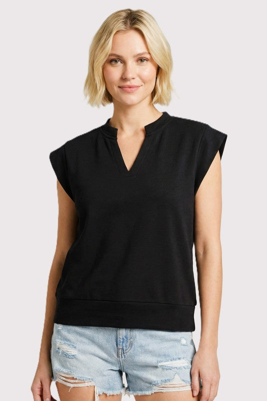 Solid Split V-Neck Cap Sleeve Terry Top